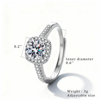 Women's adjustable ring size diagram showing 0.2 in stone, 0.6 in inner diameter and 3 g weight