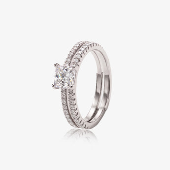 Silver-tone square cubic zirconia double band open ring on white background