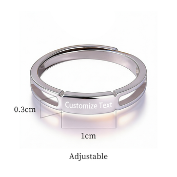 Men's engraved ring dimensions, 0.3 cm band width and 1 cm nameplate length, adjustable size