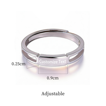 Medidas del anillo grabado para mujer, banda de 0.25 cm y placa de 0.9 cm, talla ajustable