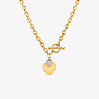 Gold-tone custom engraved heart toggle necklace with pavé heart accent